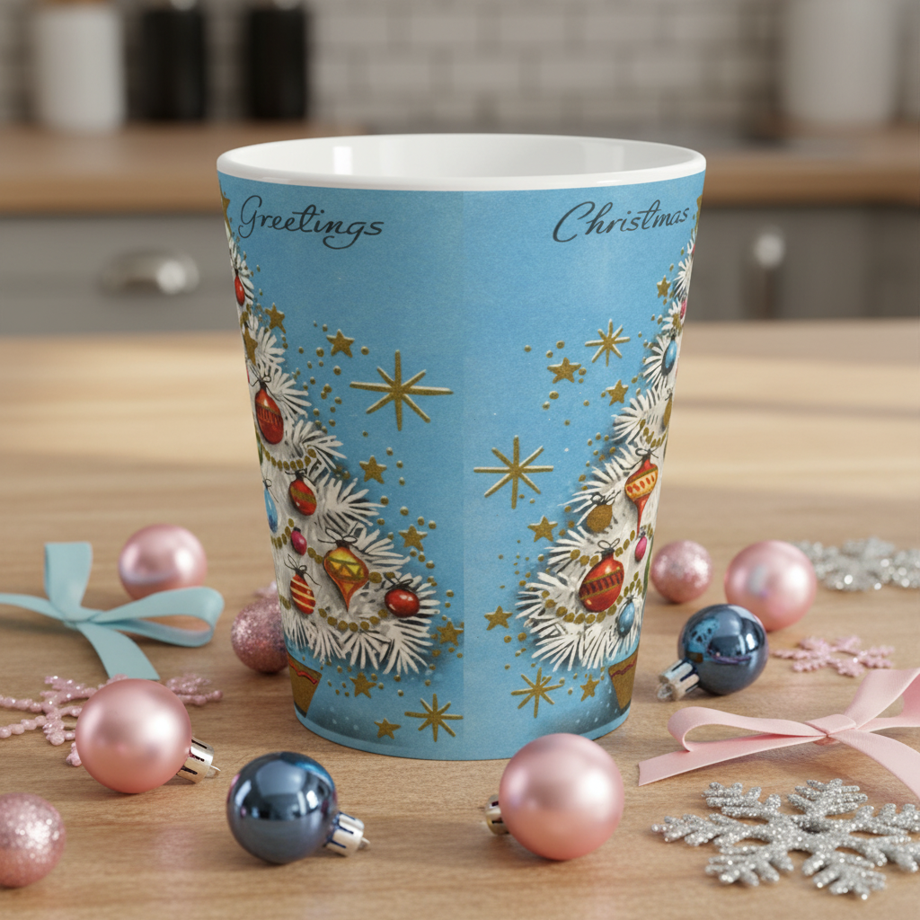 Christmas Greetings Blue Christmas Tree Retro Christmas Print Latte Coffee Mug