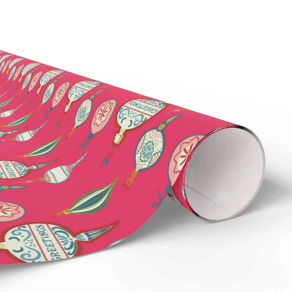 Greetings Christmas Ornaments Pink Retro Style Christmas Holiday Gift Wrap Paper - Glossy Or Matte