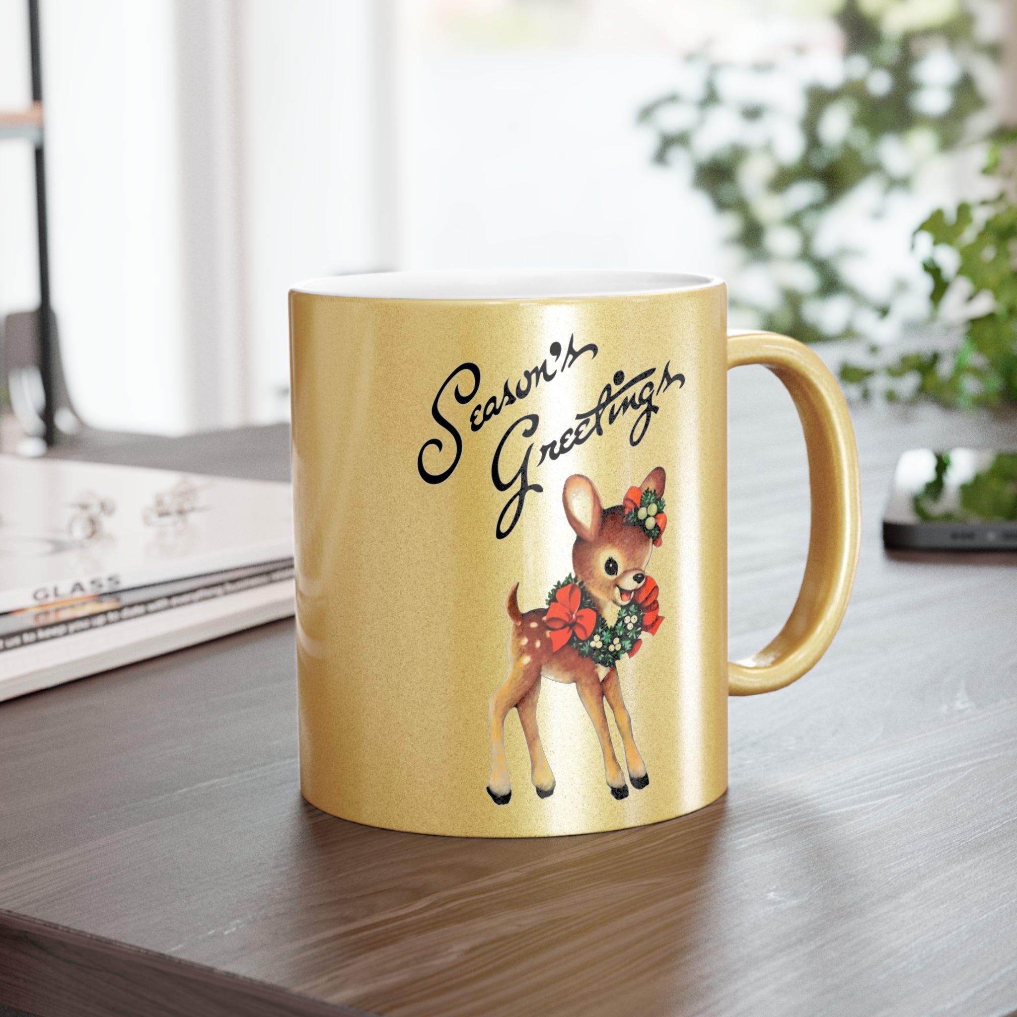 Season's Greetings Cute Reindeer Mid Century Retro Christmas Gold Metallic Mug