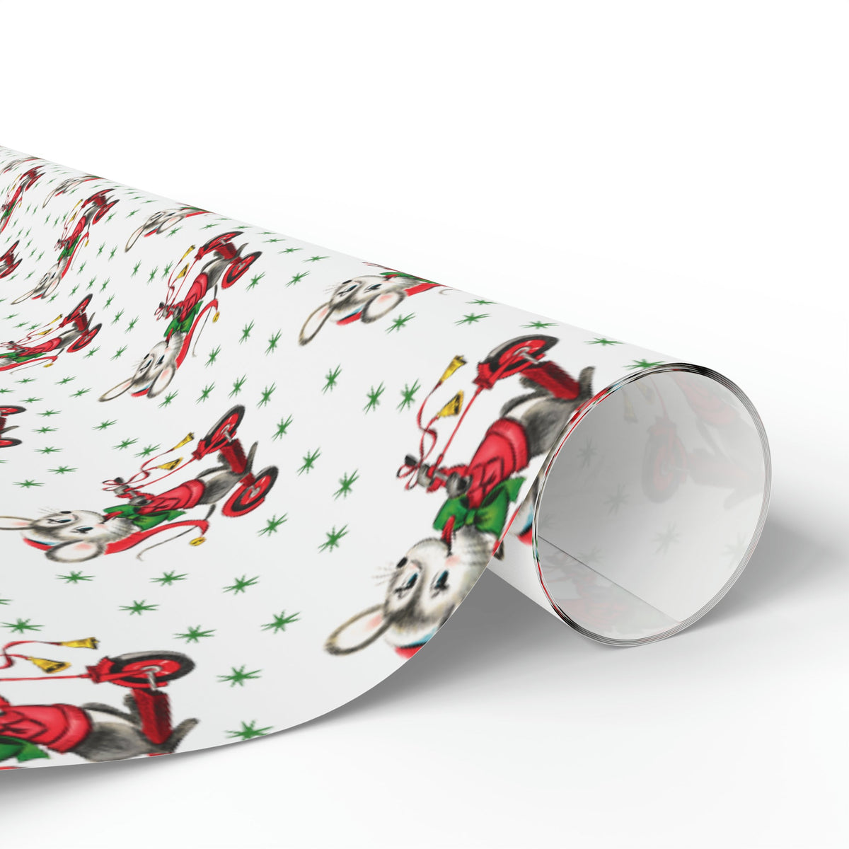 Christmas Mouse On Scooter Green Stars Mid Century Retro Christmas Print Holiday Gift Wrap Paper - Glossy Or Matte