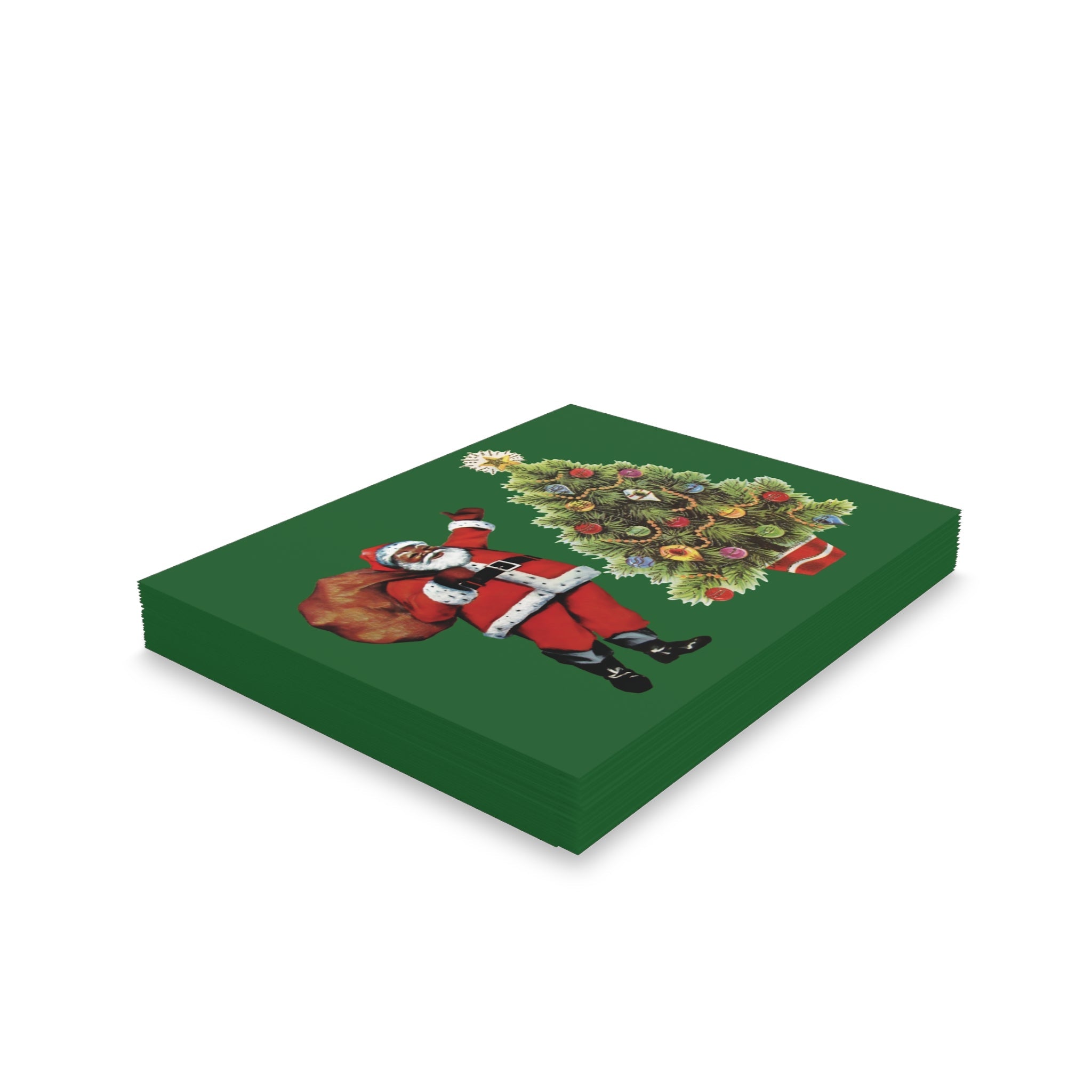 Santa With Christmas Tree Mid Century Retro Christmas Print Matte Greeting Cards (8, 16, and 24 pcs)