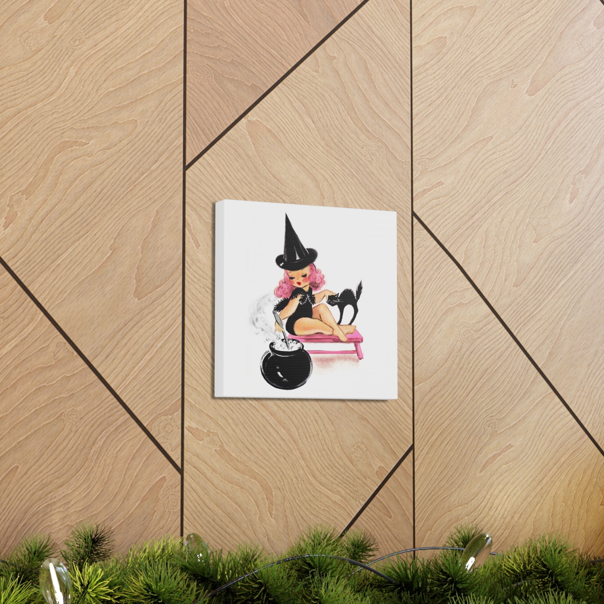 Pink Witch Black Cat Retro Halloween Decor Print Canvas Gallery Wrap