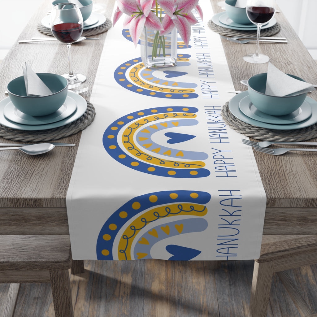 Happy Hanukkah Table Runner Blue Yellow Boho Rainbow Polyester Winter Unique Cozy Cute Holiday Kitchen Dining Decor Linen