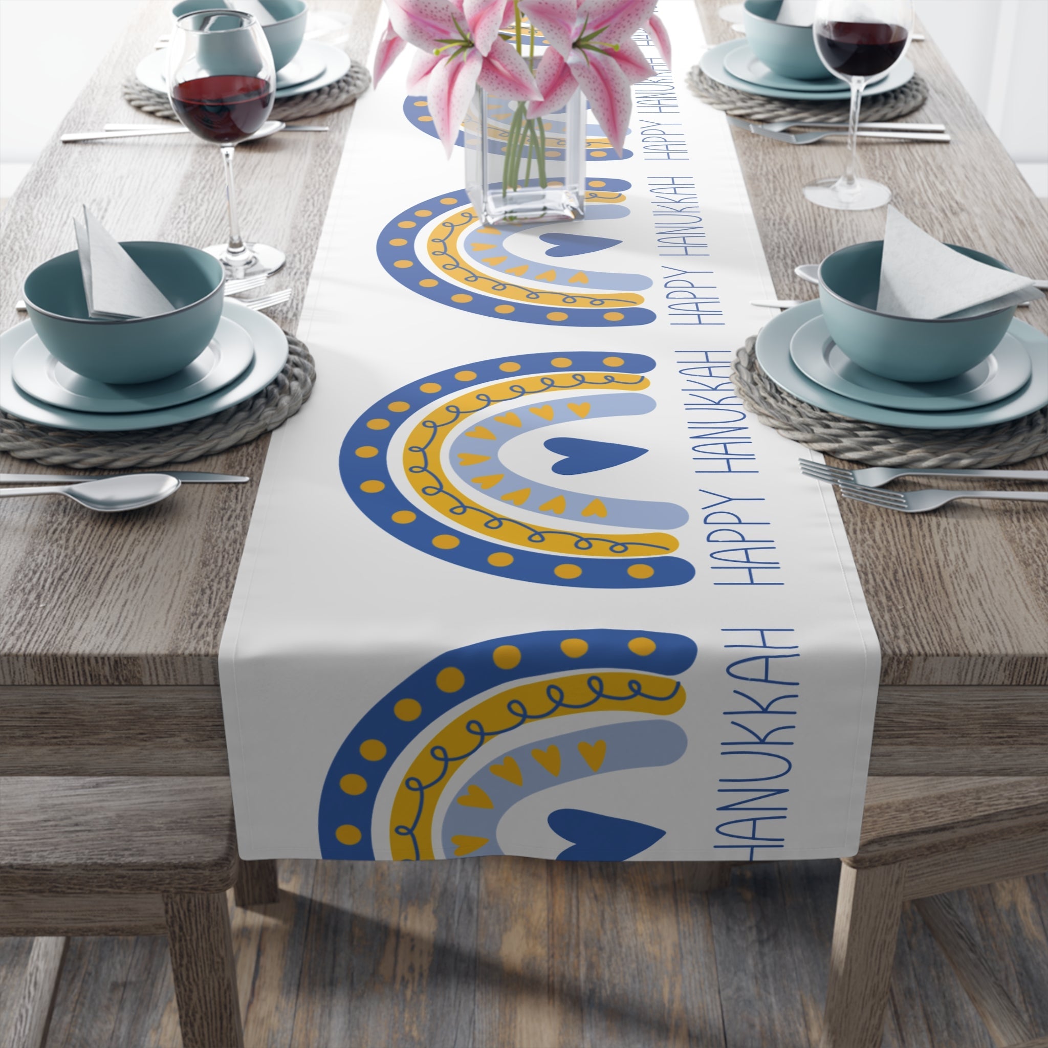 Happy Hanukkah Table Runner Blue Yellow Boho Rainbow Polyester Winter Unique Cozy Cute Holiday Kitchen Dining Decor Linen