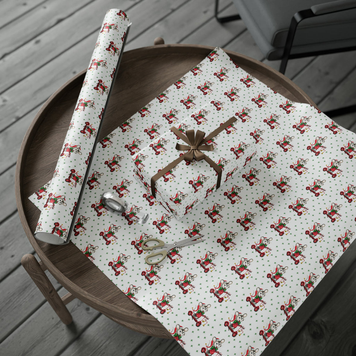 Christmas Mouse On Scooter Green Stars Mid Century Retro Christmas Print Holiday Gift Wrap Paper - Glossy Or Matte