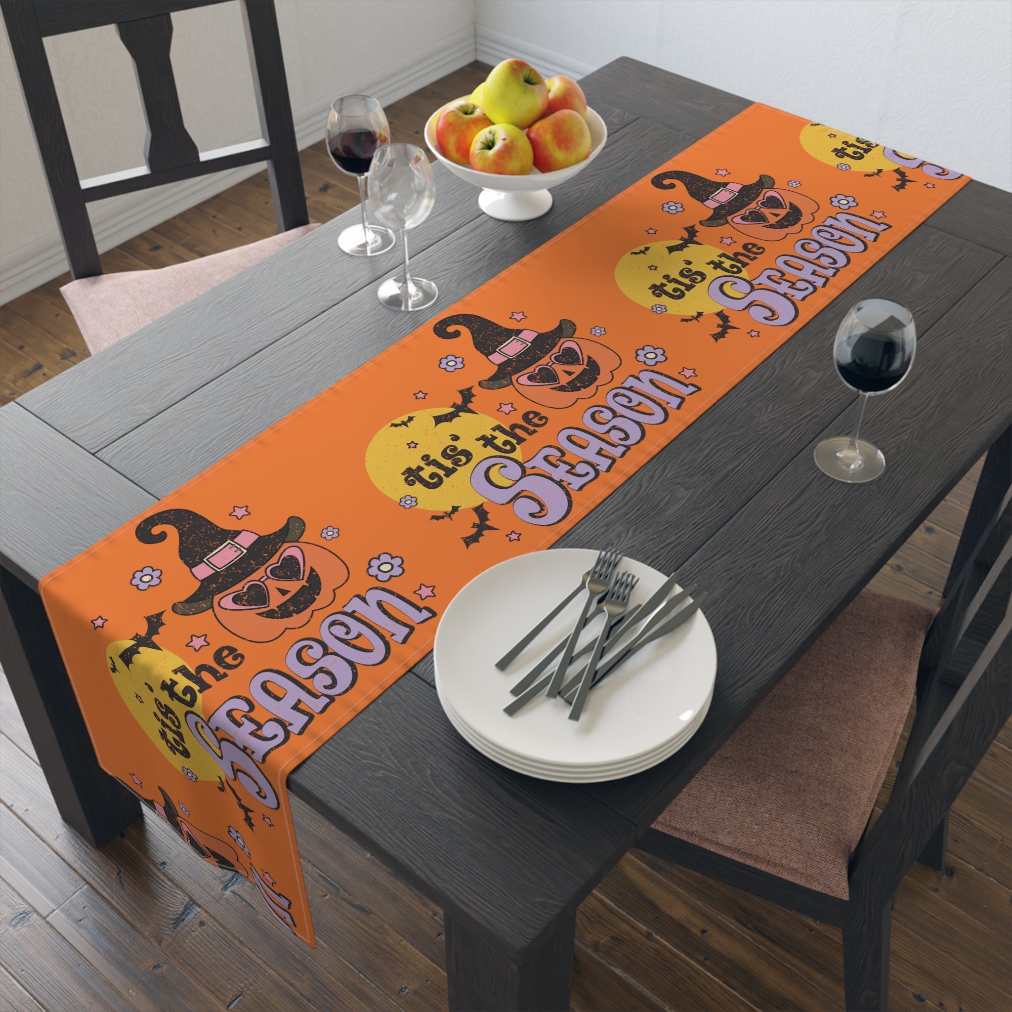 Tis The Season Pumpkin Witch Distressed Halloween Print Fall Autumn Decor Cotton Poly Table Runner