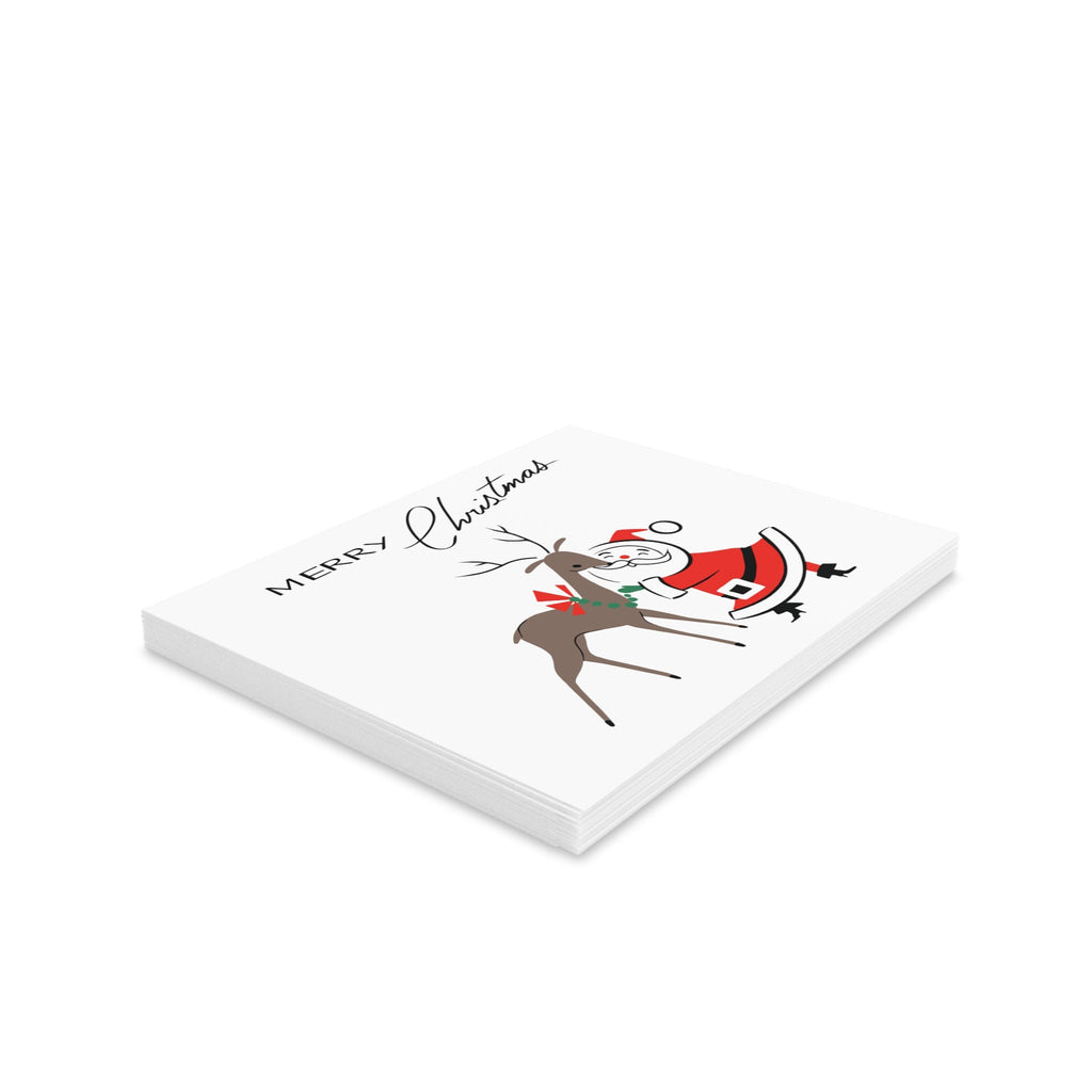 Merry Christmas Santa Reindeer Mid Century Retro Christmas Print Matte Greeting Cards (8, 16, and 24 pcs)