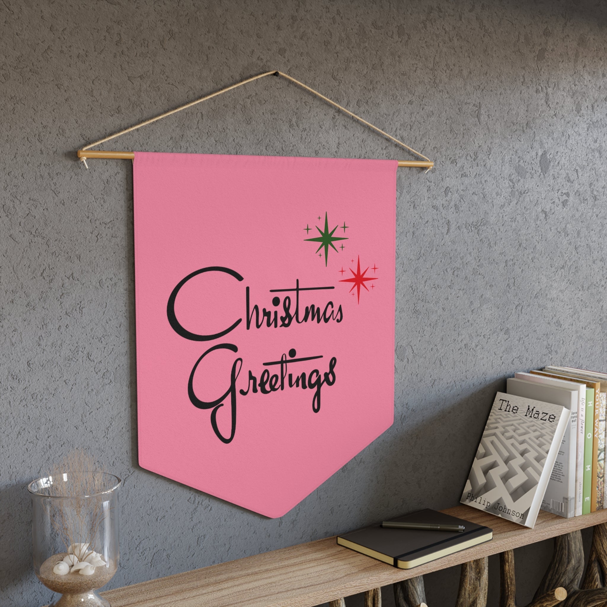 Christmas Greetings Starburst Retro Mid Century Pink Christmas Print Style Decor Print Wall Hanging Banner Flag