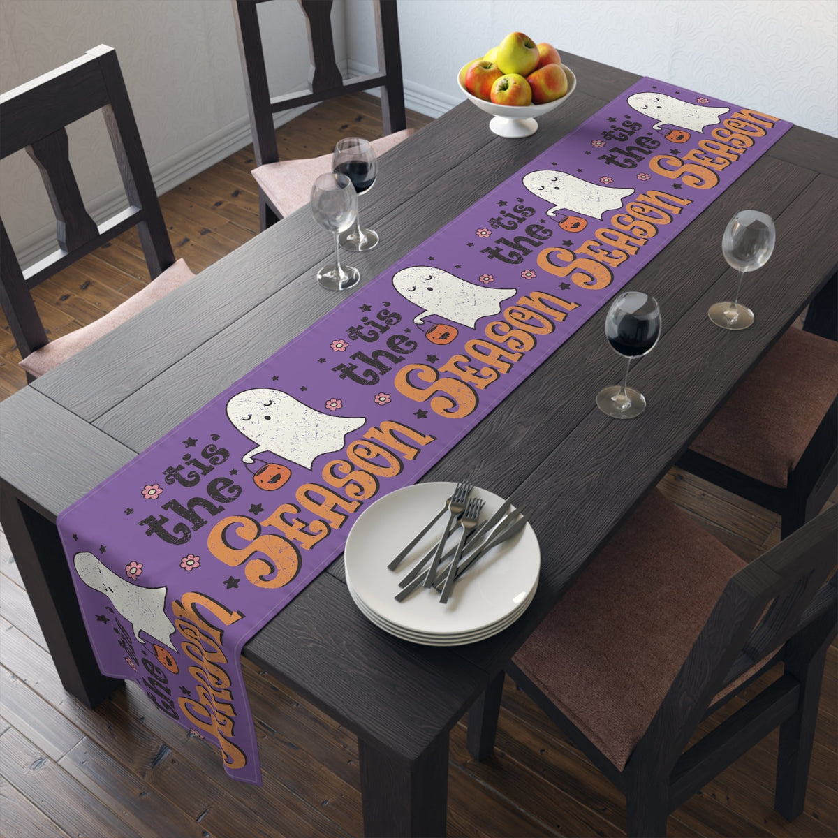 Tis The Season Trick Or Treat Ghost Distressed Halloween Print Fall Autumn Decor Cotton Poly Table Runner