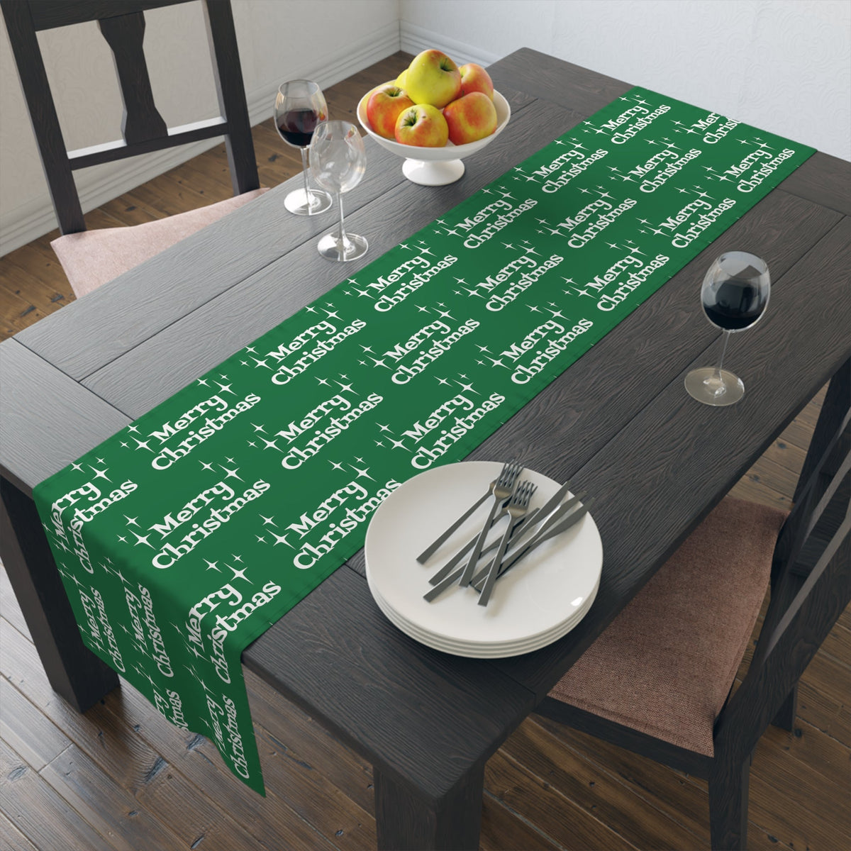 Merry Christmas Starburst Atomic Mid Century Retro Style Christmas Decor Green Cotton Poly Table Runner
