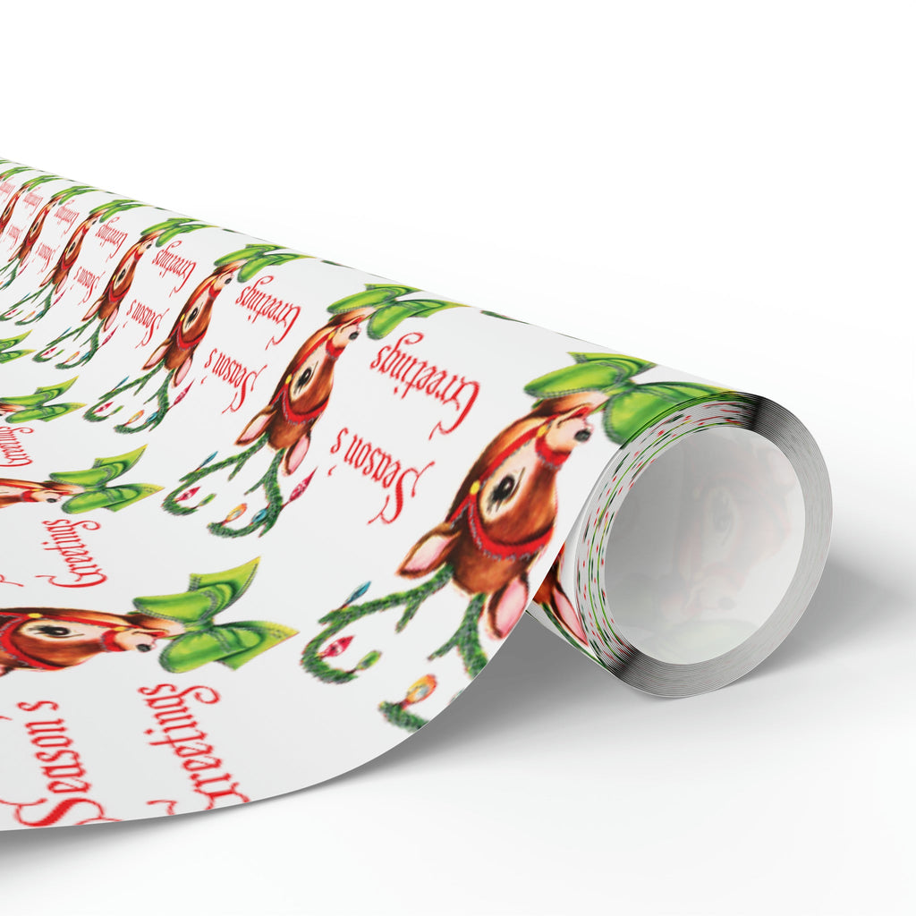 Season's Greetings Reindeer Mid Century Retro Christmas Print Holiday Gift Wrap Paper - Glossy Or Matte