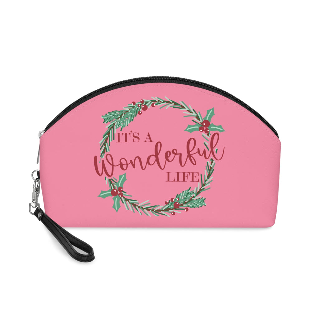 It's A Wonderful Life Christmas Wreath Pink Makeup Bag