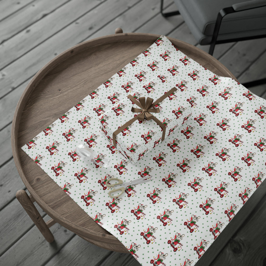 Christmas Mouse On Scooter Green Stars Mid Century Retro Christmas Print Holiday Gift Wrap Paper - Glossy Or Matte