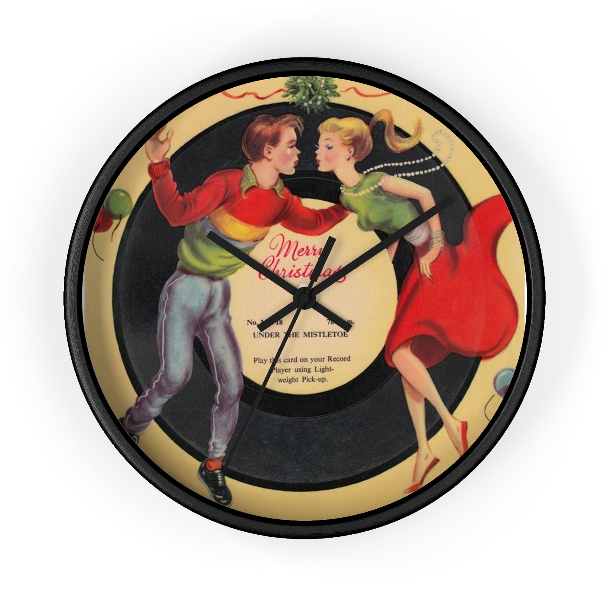 Under The Mistletoe Merry Christmas Couple Record Retro Black Wooden Wall Clock