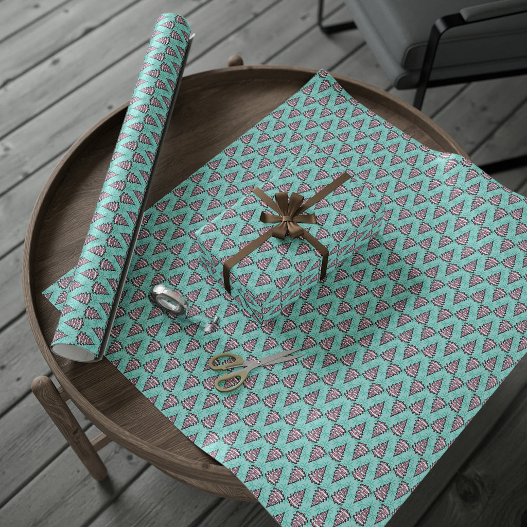 Pastel Pink Christmas Trees Teal Christmas Print Holiday Gift Wrap Paper - Glossy Or Matte