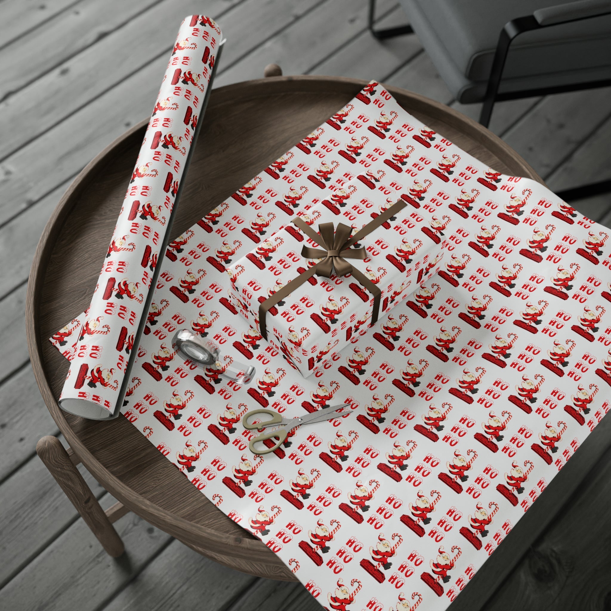 Ho Ho Ho Santa Sliding Down Candy Cane Chimney Mid Century Retro Style Holiday Gift Wrap Paper - Glossy Or Matte