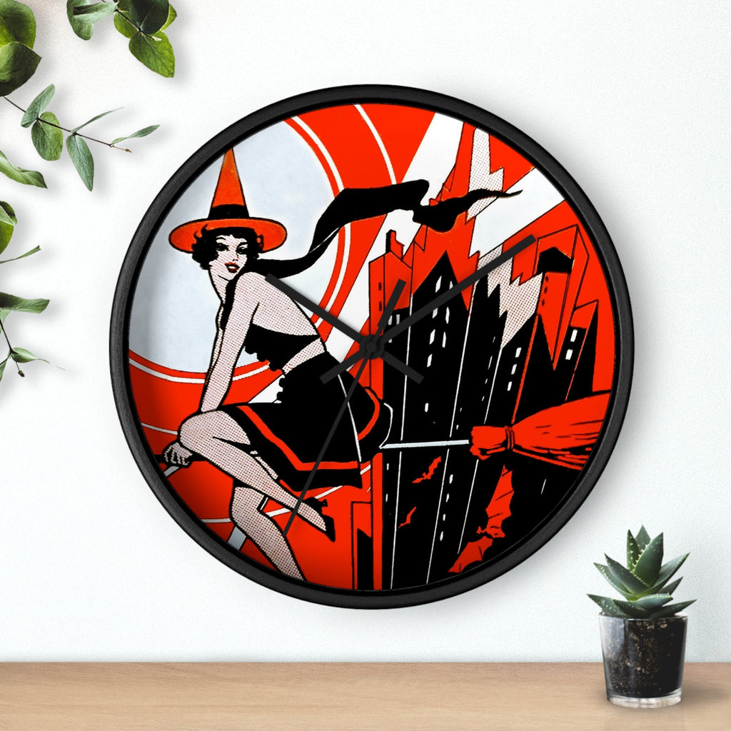 Flapper Witch Retro Deco Halloween Print Black Wall Clock