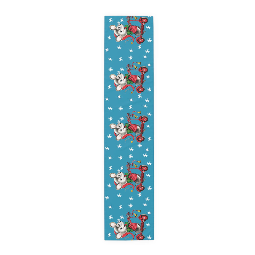 Christmas Mouse On Scooter Blue Mid Century Retro Christmas Print Home Decor Cotton Poly Table Runner