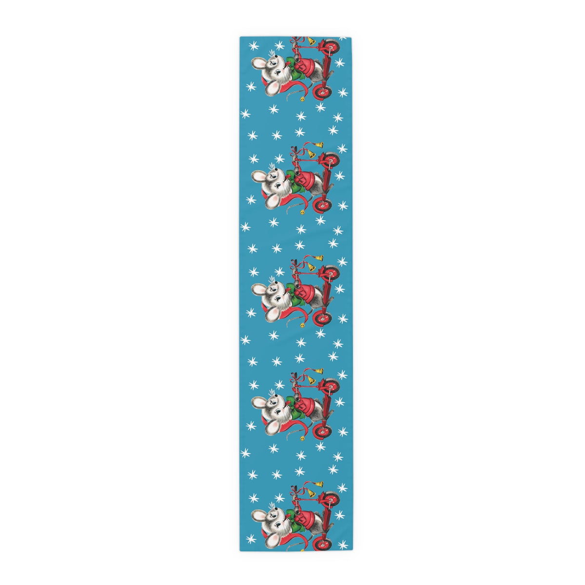 Christmas Mouse On Scooter Blue Mid Century Retro Christmas Print Home Decor Cotton Poly Table Runner