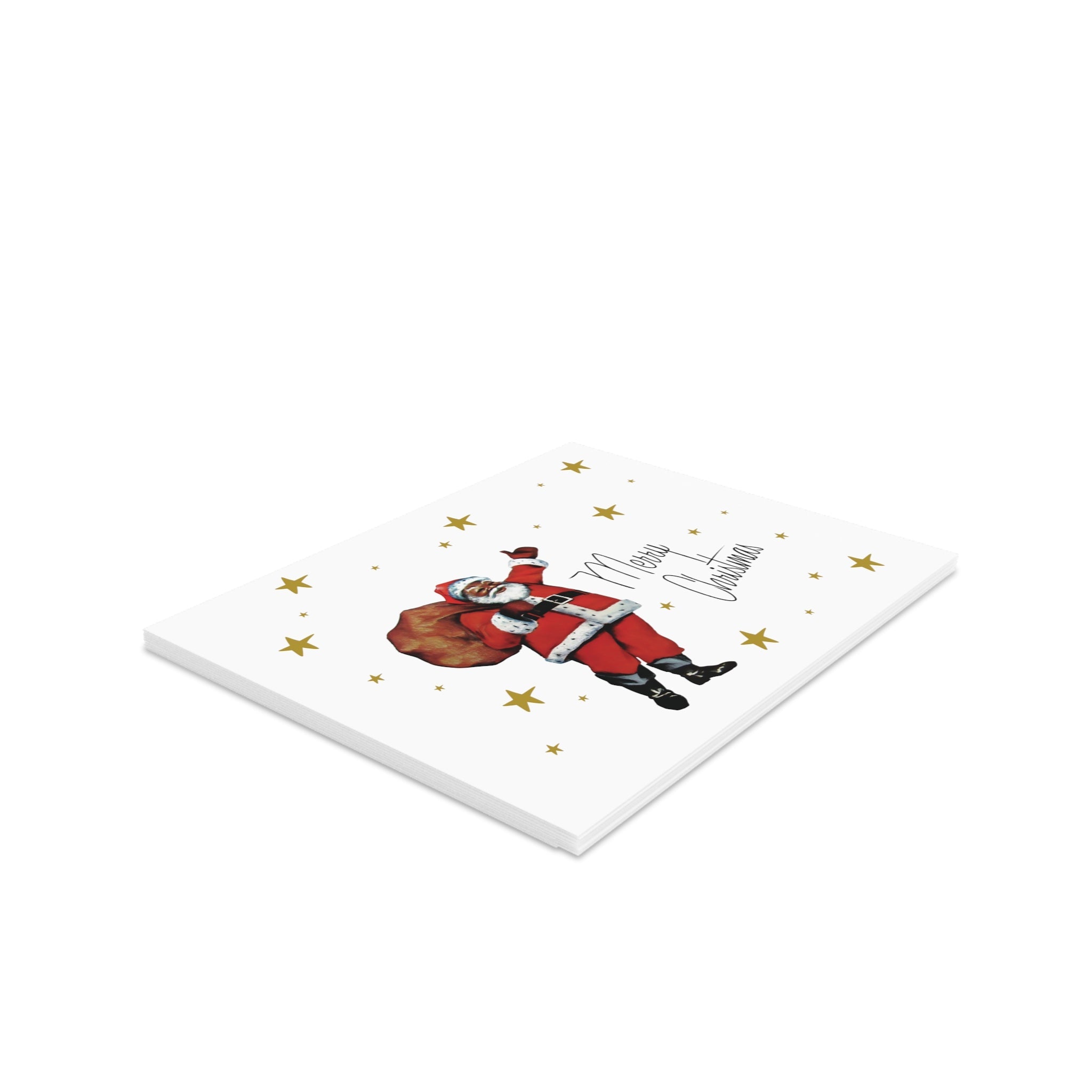 Merry Christmas Santa Gold Stars Mid Century Retro Christmas Style Matte Greeting Cards (8, 16, and 24 pcs)