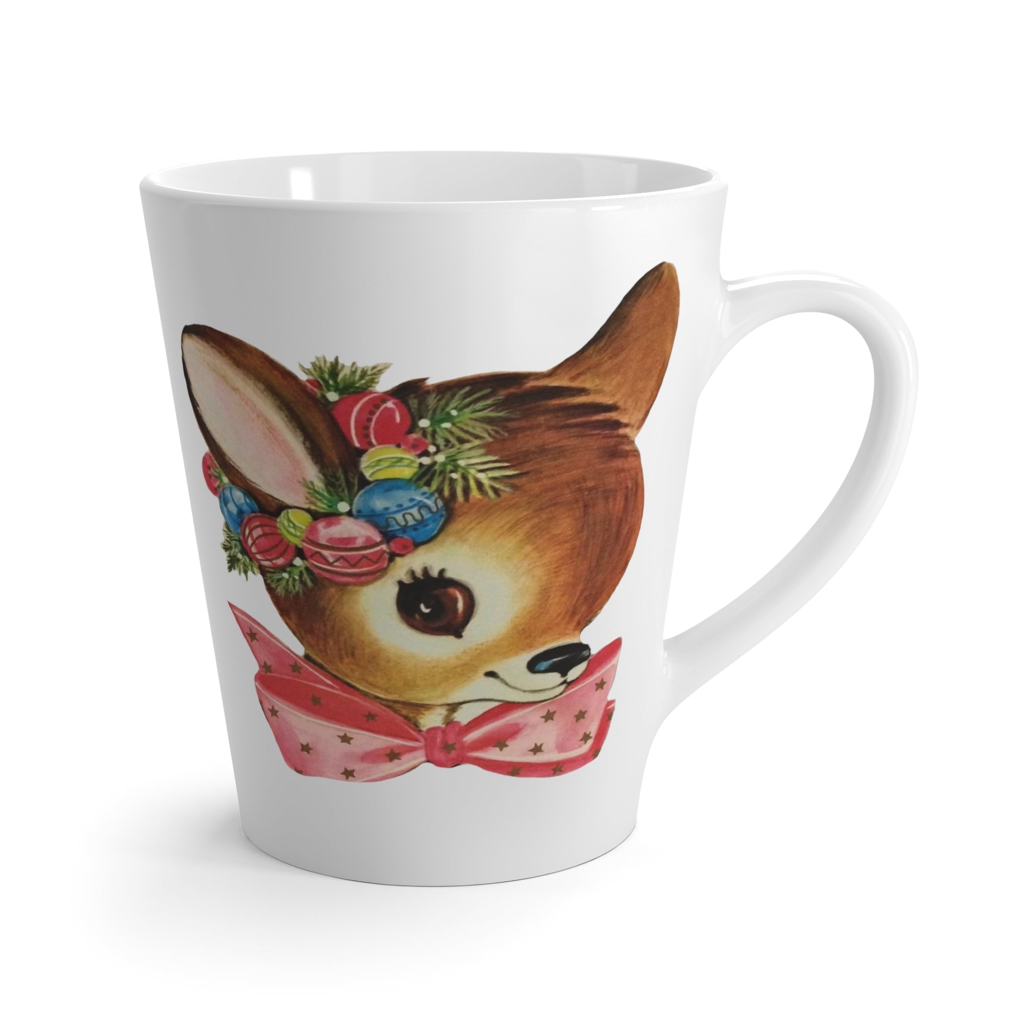 Reindeer With Pink Bow Mid Century Retro Christmas Print Latte Mug