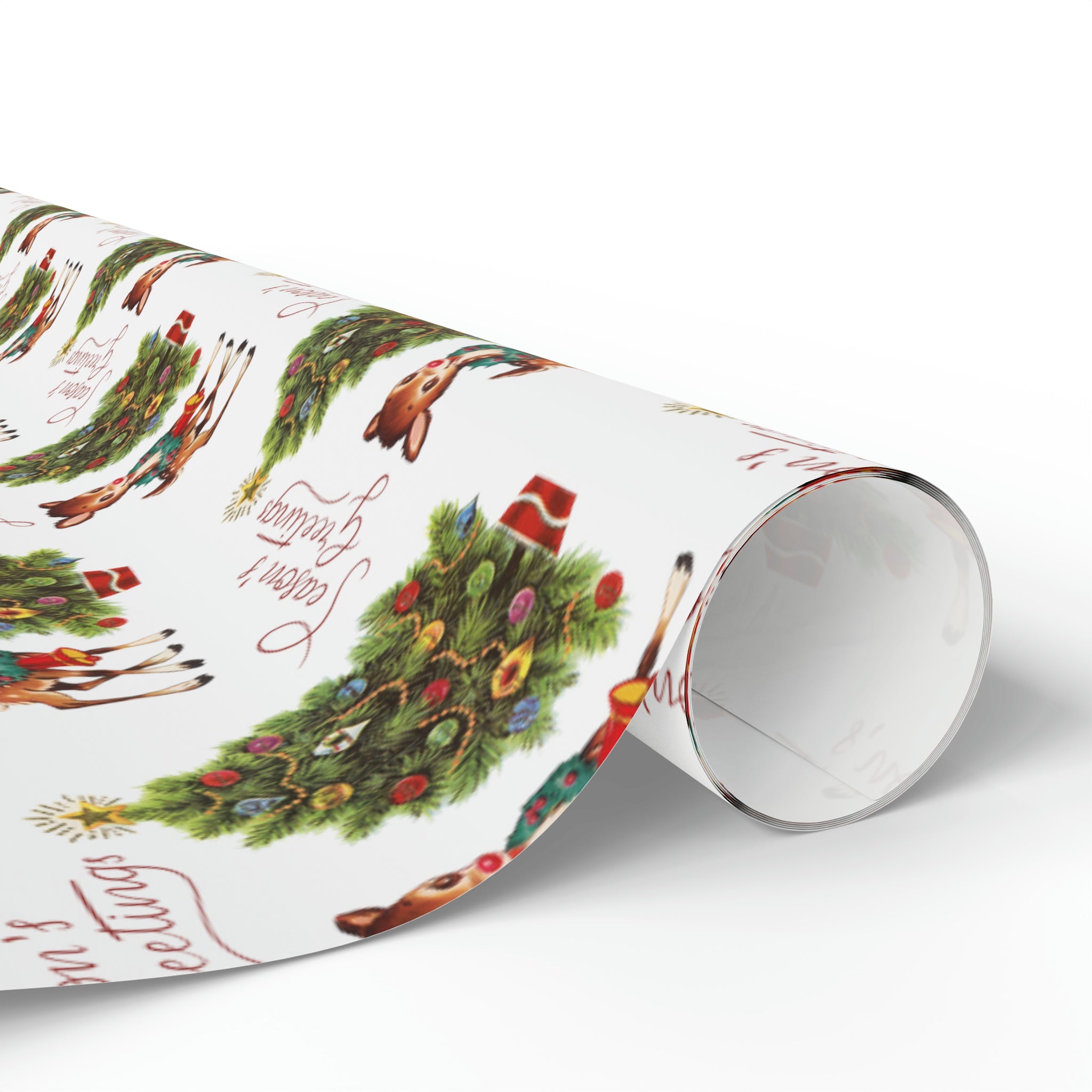 Season's Greetings Reindeer With Wreath And Christmas Tree Mid Century Retro Christmas Print Holiday Gift Wrap Paper - Glossy Or Matte