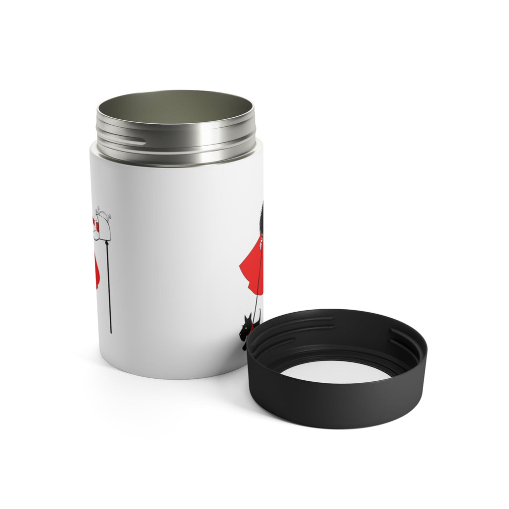 Christmas Lady With Black Scottie Dog At Mailbox Mid Century Retro Christmas Print Stainless Steel Can Holder