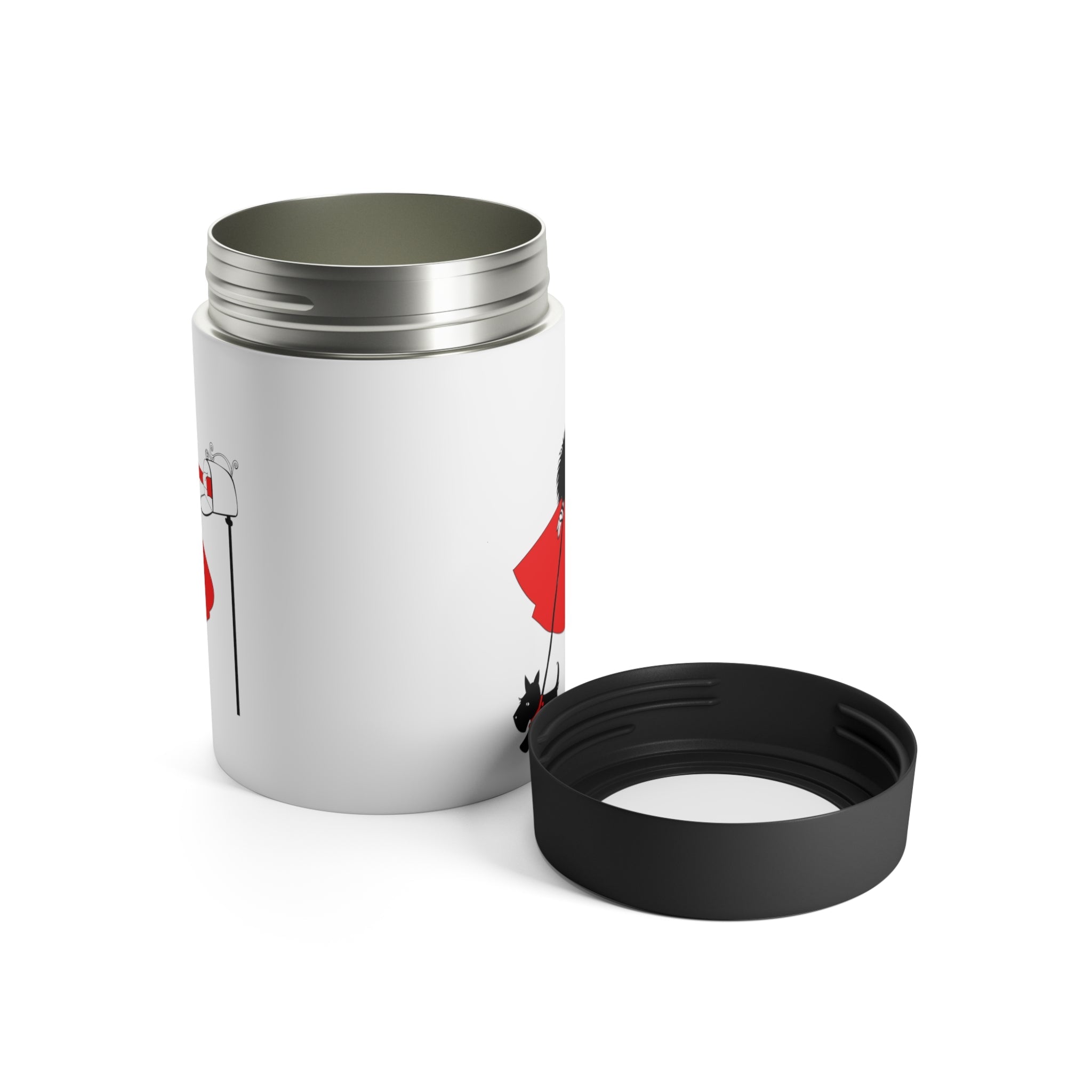 Christmas Lady With Black Scottie Dog At Mailbox Mid Century Retro Christmas Print Stainless Steel Can Holder