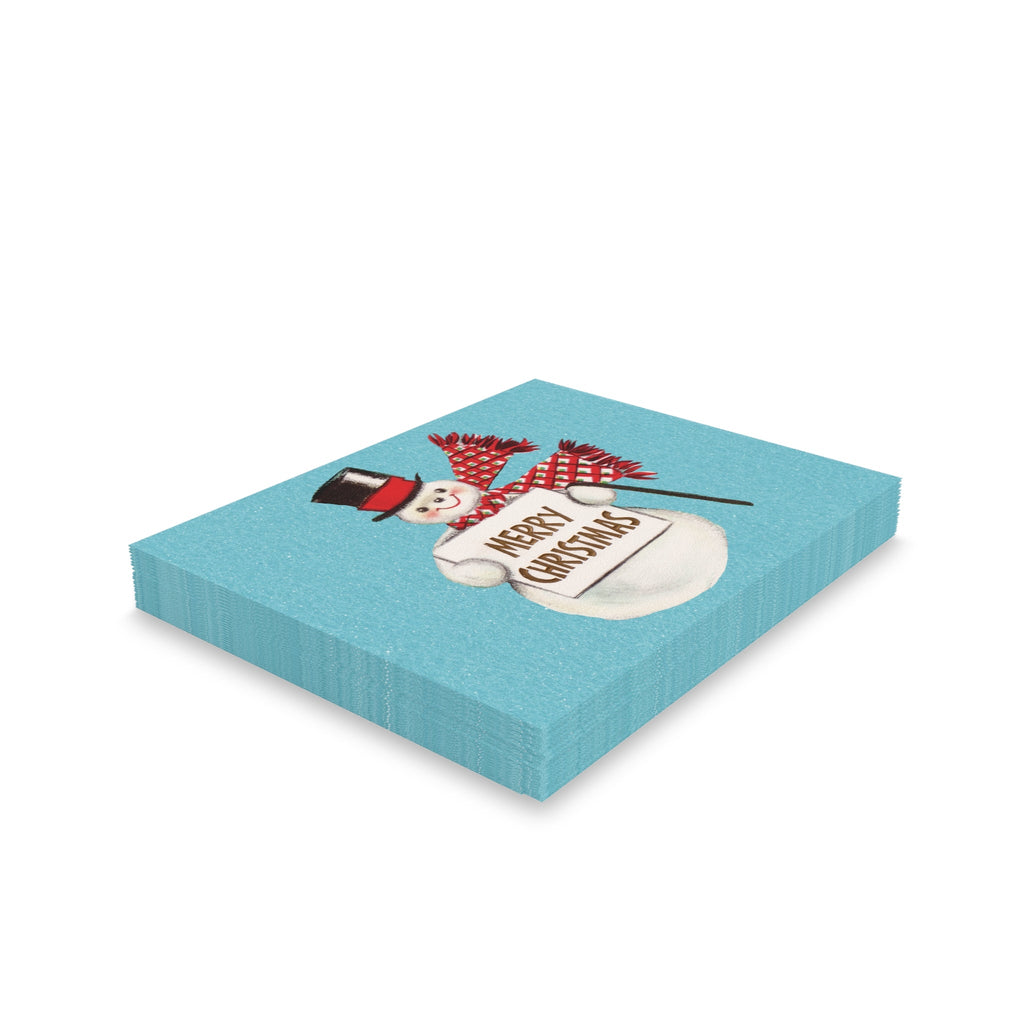 Merry Christmas Snowman Mid Century Retro Christmas Print Blue Matte Greeting Cards (8, 16, and 24 pcs)