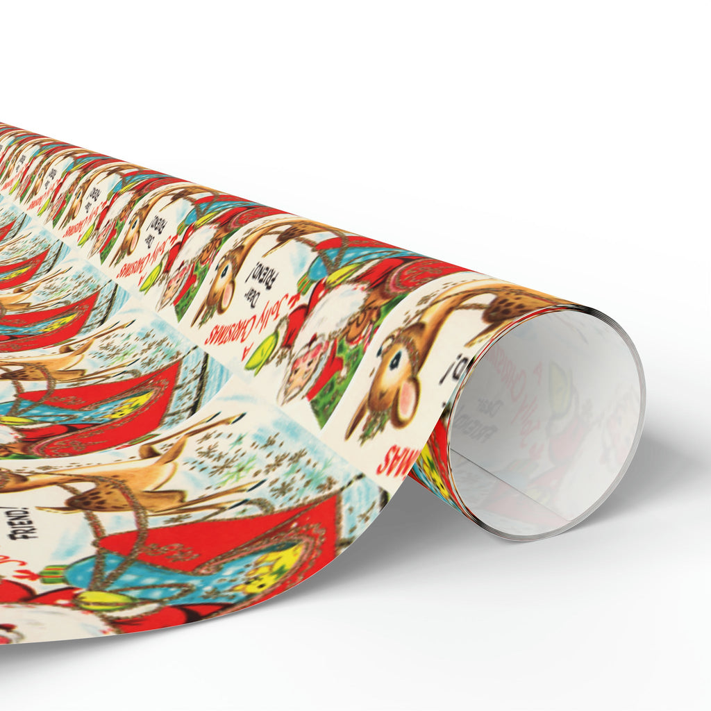 A Jolly Christmas Dear Friend Santa In Sleigh With Reindeer Mid Century Retro Christmas Print Holiday Gift Wrap Paper - Glossy Or Matte