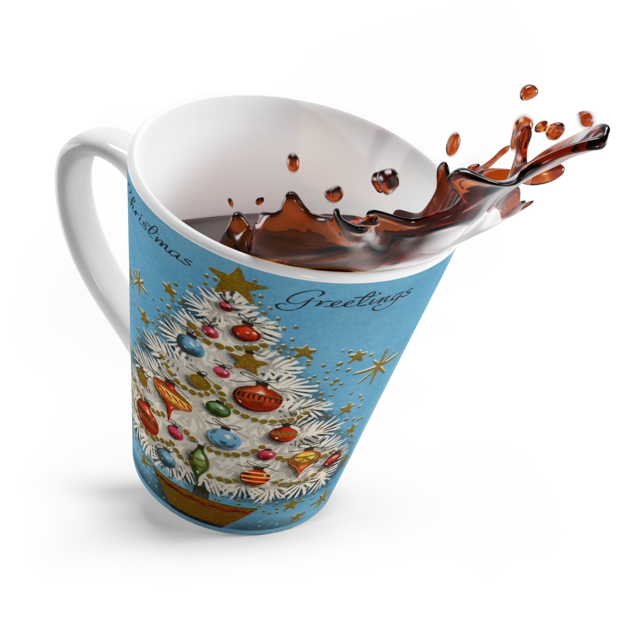 Christmas Greetings Blue Christmas Tree Retro Christmas Print Latte Coffee Mug
