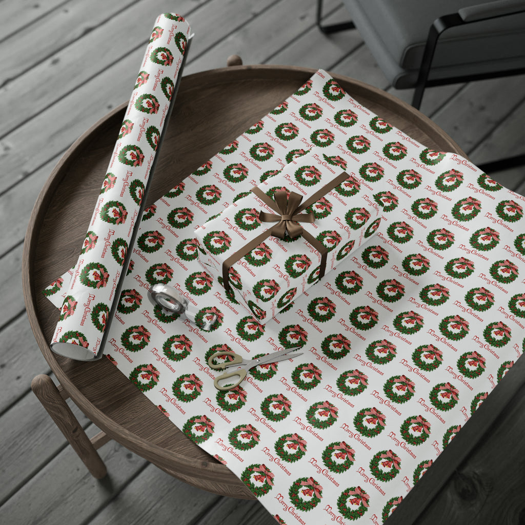 Merry Christmas Wreath Retro Christmas Print Holiday Gift Wrap Paper - Glossy Or Matte