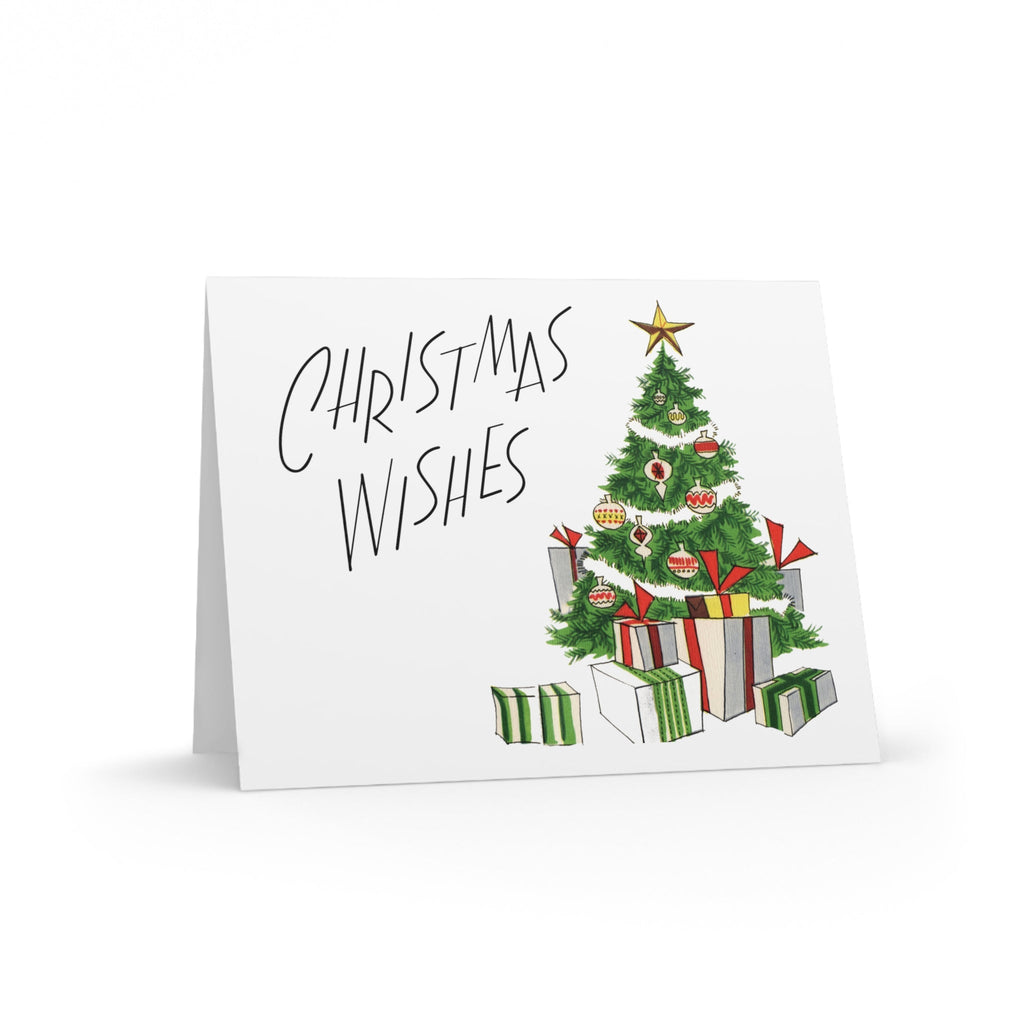 Christmas Wishes Tree With Presents Mid Century Retro Christmas Print Matte Greeting Cards (8, 16, and 24 pcs)