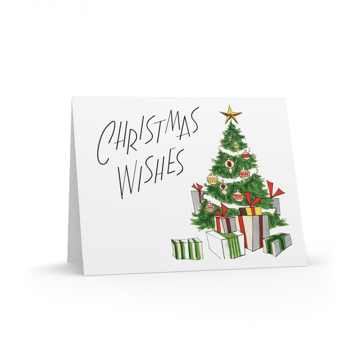 Christmas Wishes Tree With Presents Mid Century Retro Christmas Print Matte Greeting Cards (8, 16, and 24 pcs)