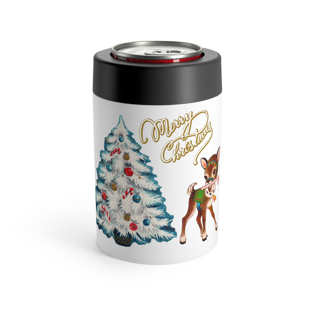 Merry Christmas Reindeer Tree Mid Century Retro Christmas Print Stainless Steel Can Holder