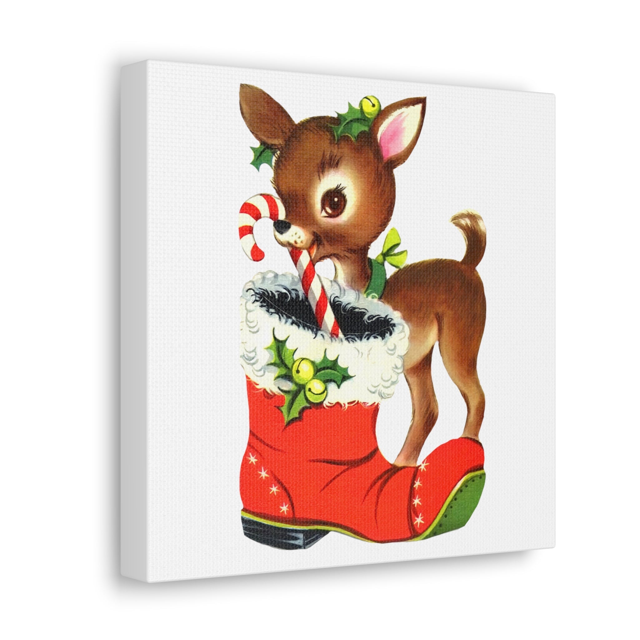 Reindeer With Stocking Mid Century Retro Christmas Canvas Gallery Wrap