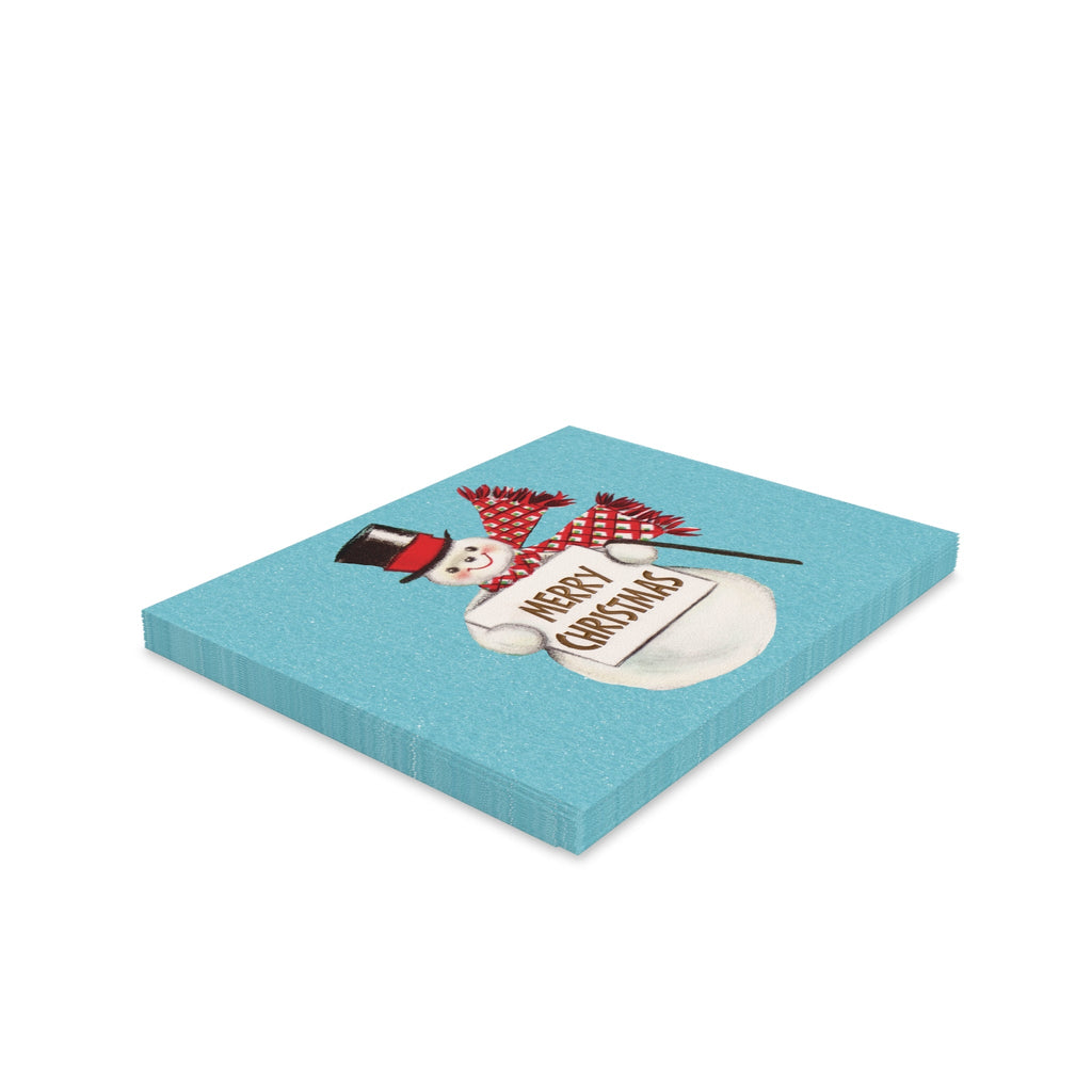 Merry Christmas Snowman Mid Century Retro Christmas Print Blue Matte Greeting Cards (8, 16, and 24 pcs)