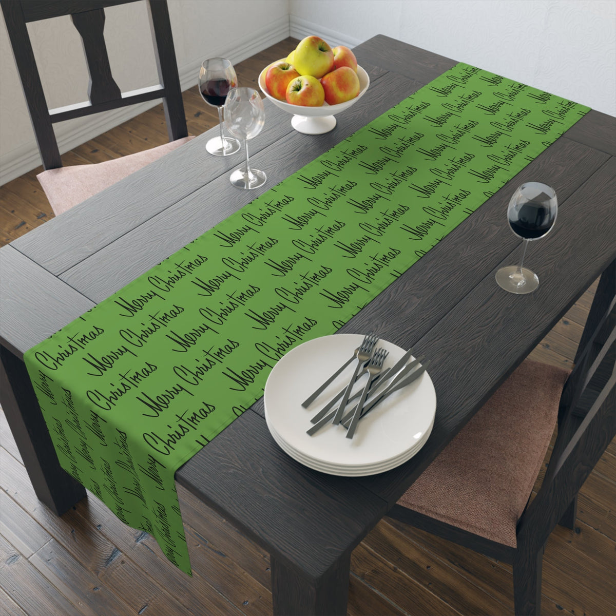Merry Christmas Mid Century Retro Style Green Christmas Print Home Decor Cotton Poly Table Runner