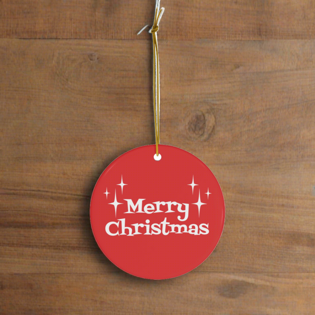 Merry Christmas Starburst Atomic Mid Century Retro Christmas Style Red Ceramic Ornament