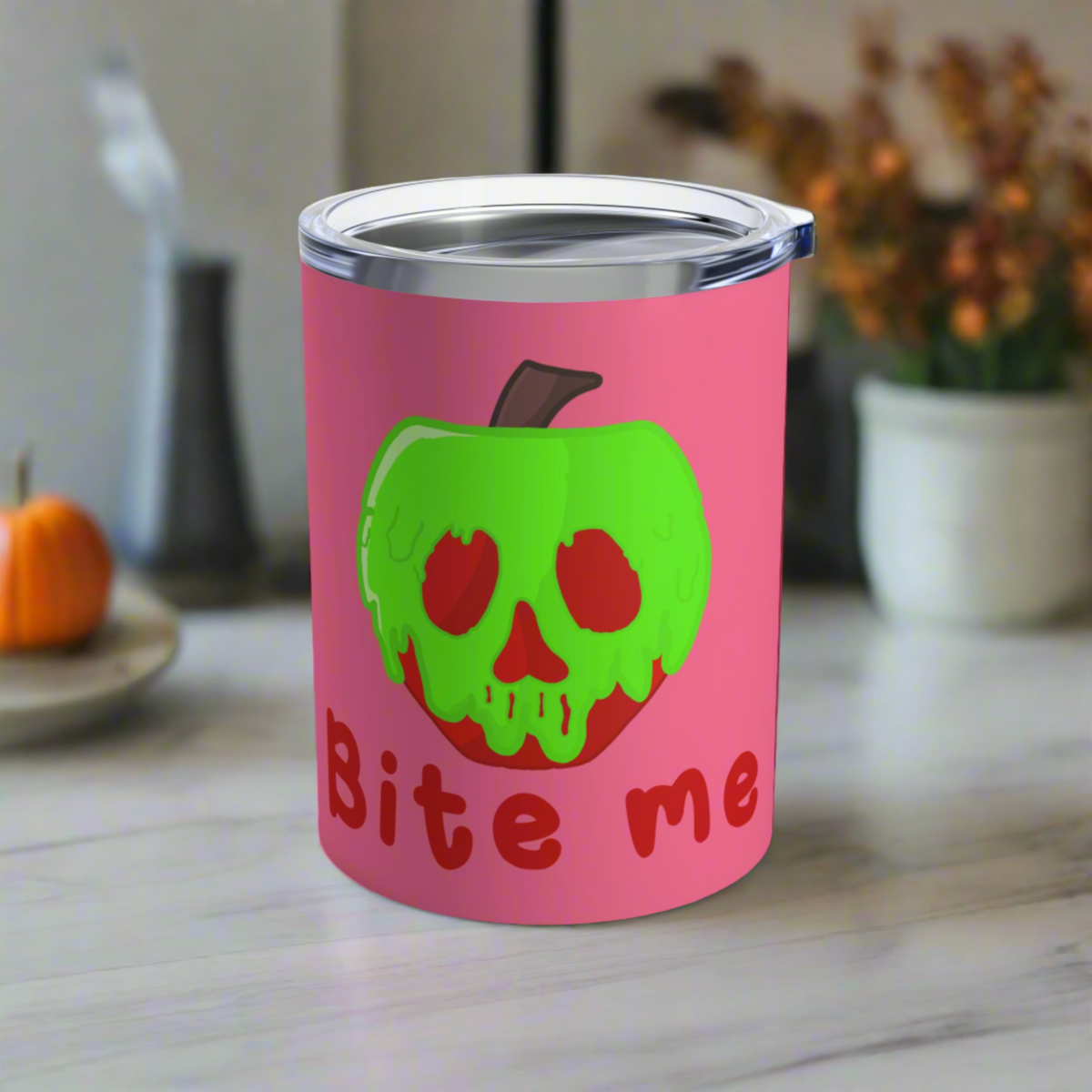 Bite Me Snow White Evil Queen Poison Apple Pink Halloween Stainless Steel Tumbler 10oz