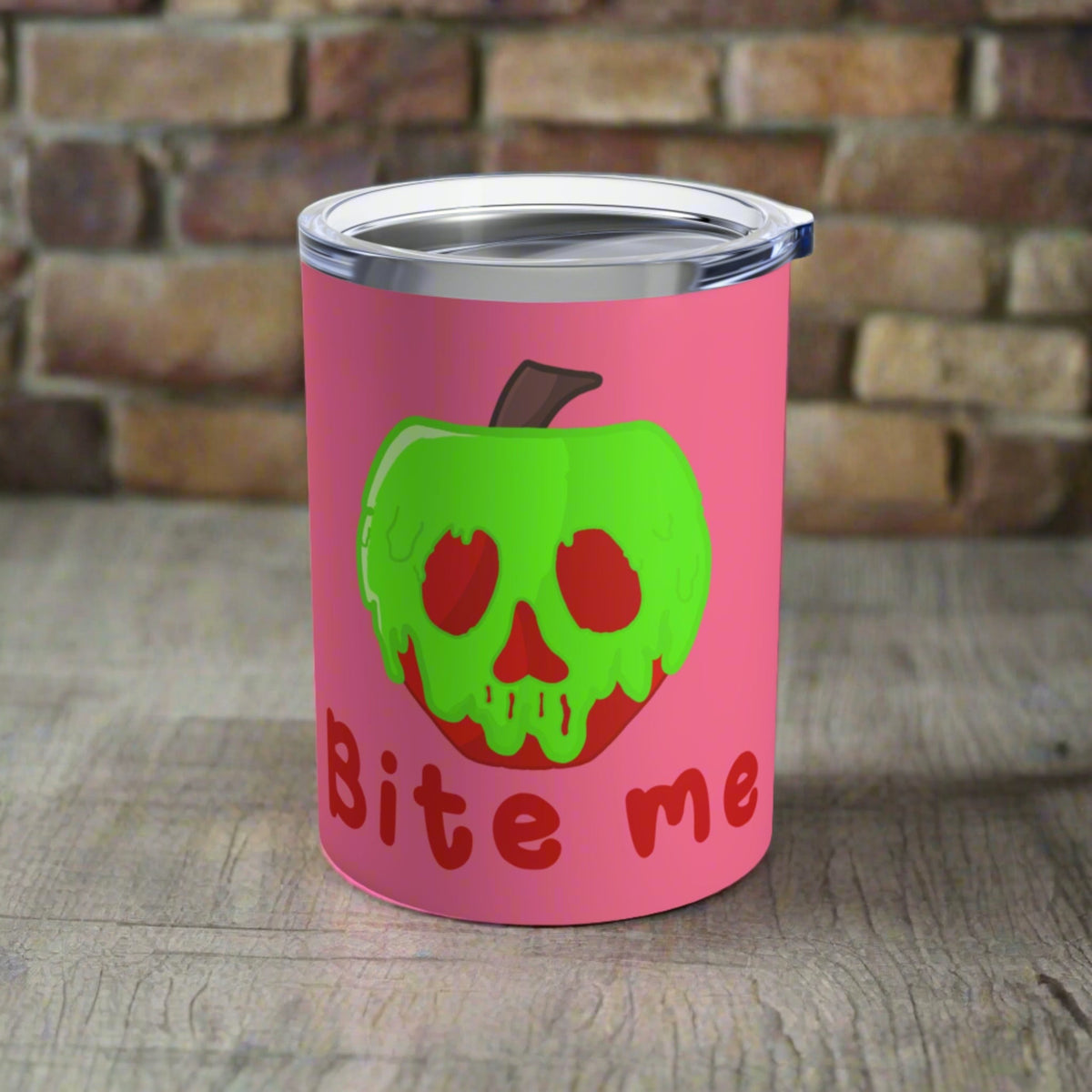 Bite Me Snow White Evil Queen Poison Apple Pink Halloween Stainless Steel Tumbler 10oz