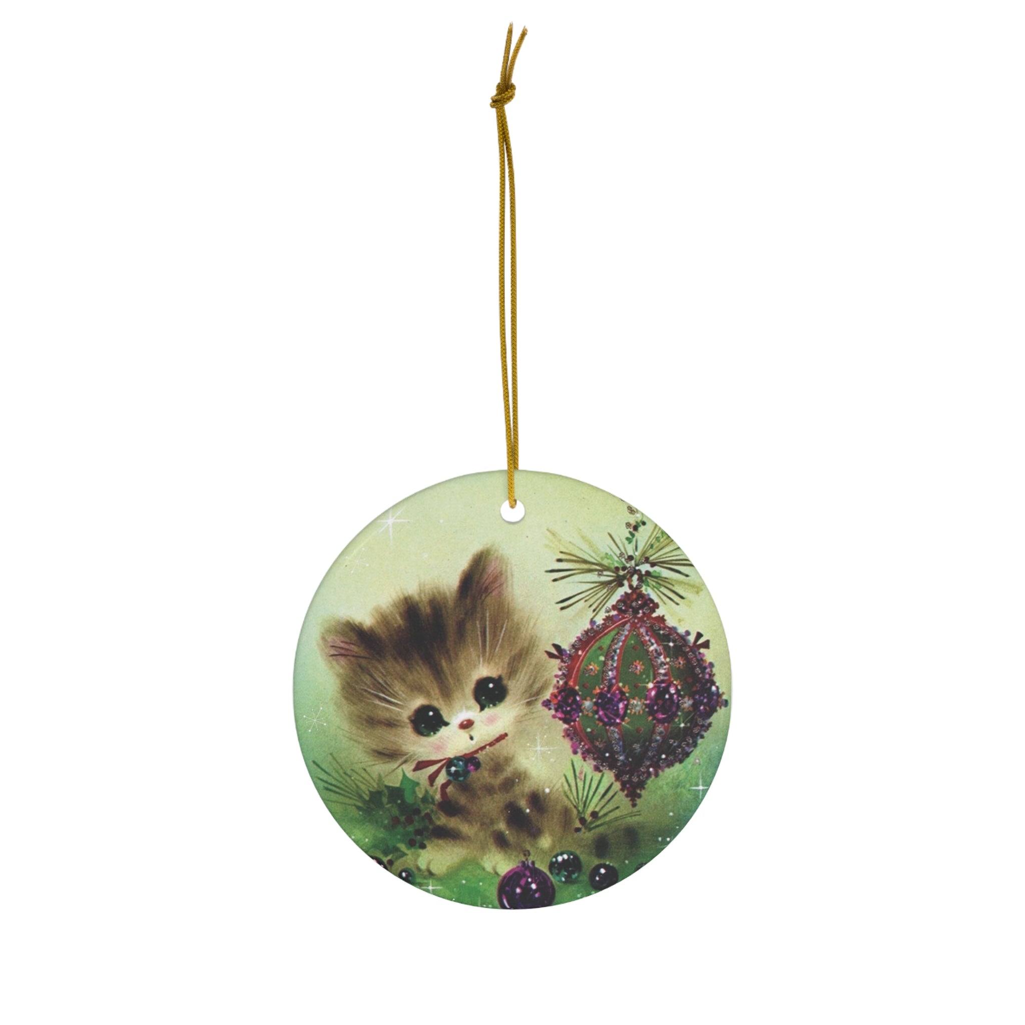 Christmas Kitten With Ornament Retro Christmas Print Ceramic Ornament