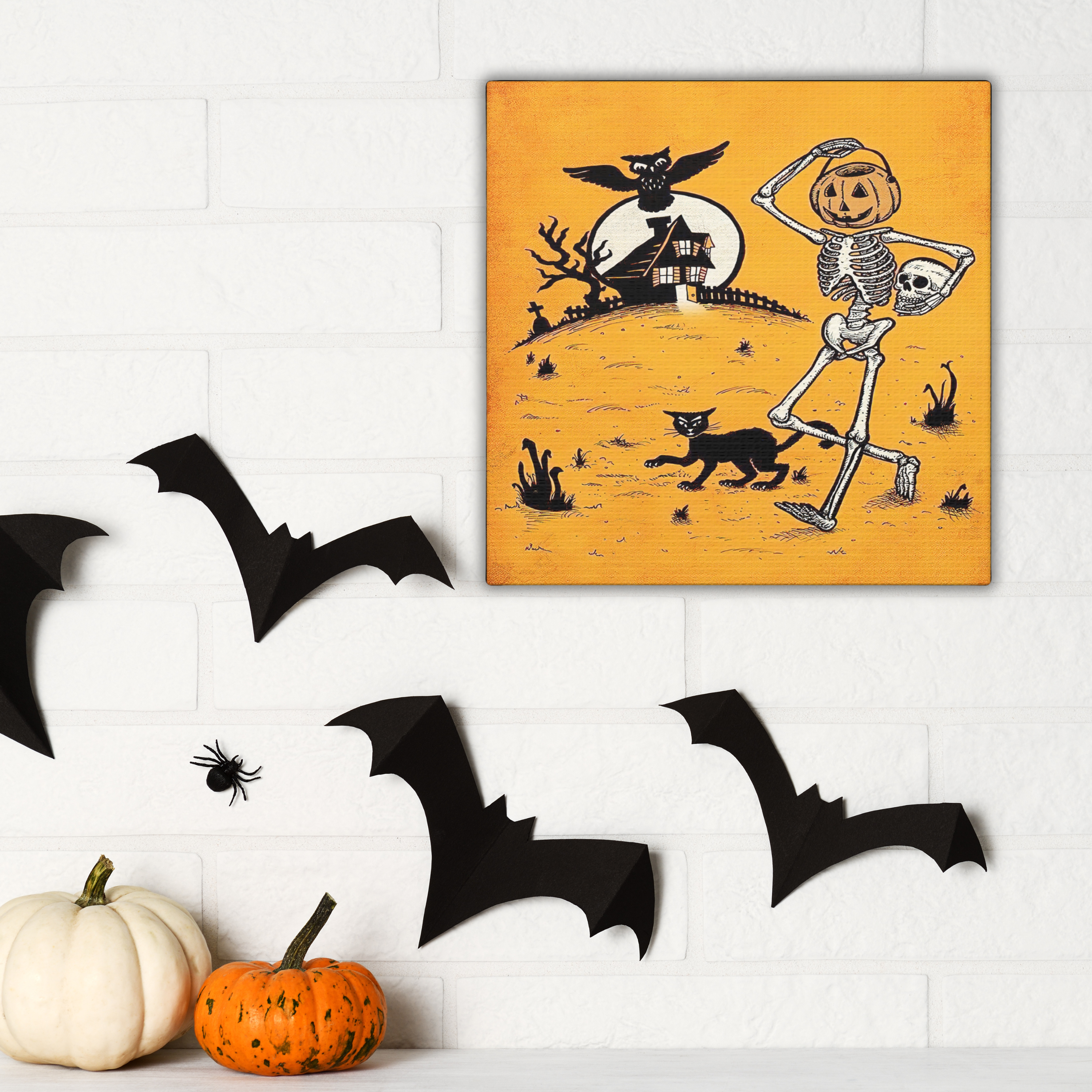 Skeleton Jack O Lantern Black Cat Owls Retro Halloween Vintage Art Canvas Gallery Wrap