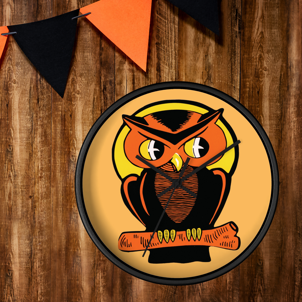 Orange Owl Yellow Moon Retro Halloween Fall Black Wooden Wall Clock