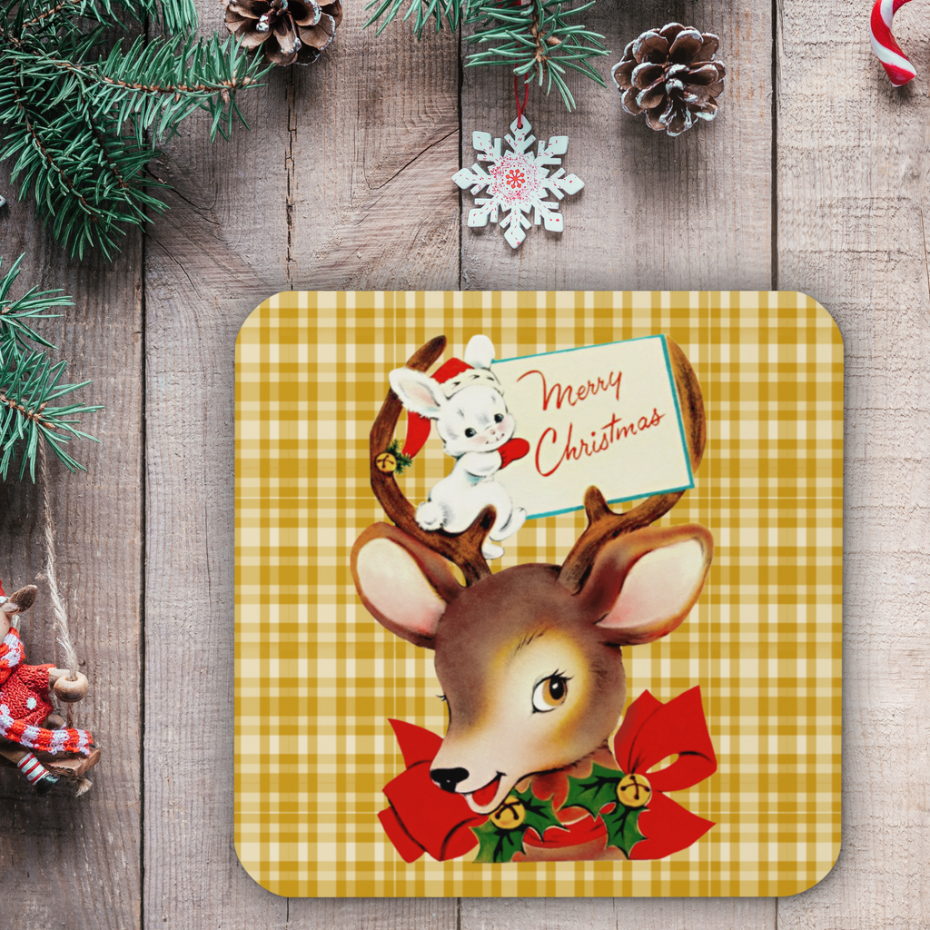 Merry Christmas Reindeer And Bunny Yellow Plaid Mid Century Retro Christmas Print Cork-back Coaster