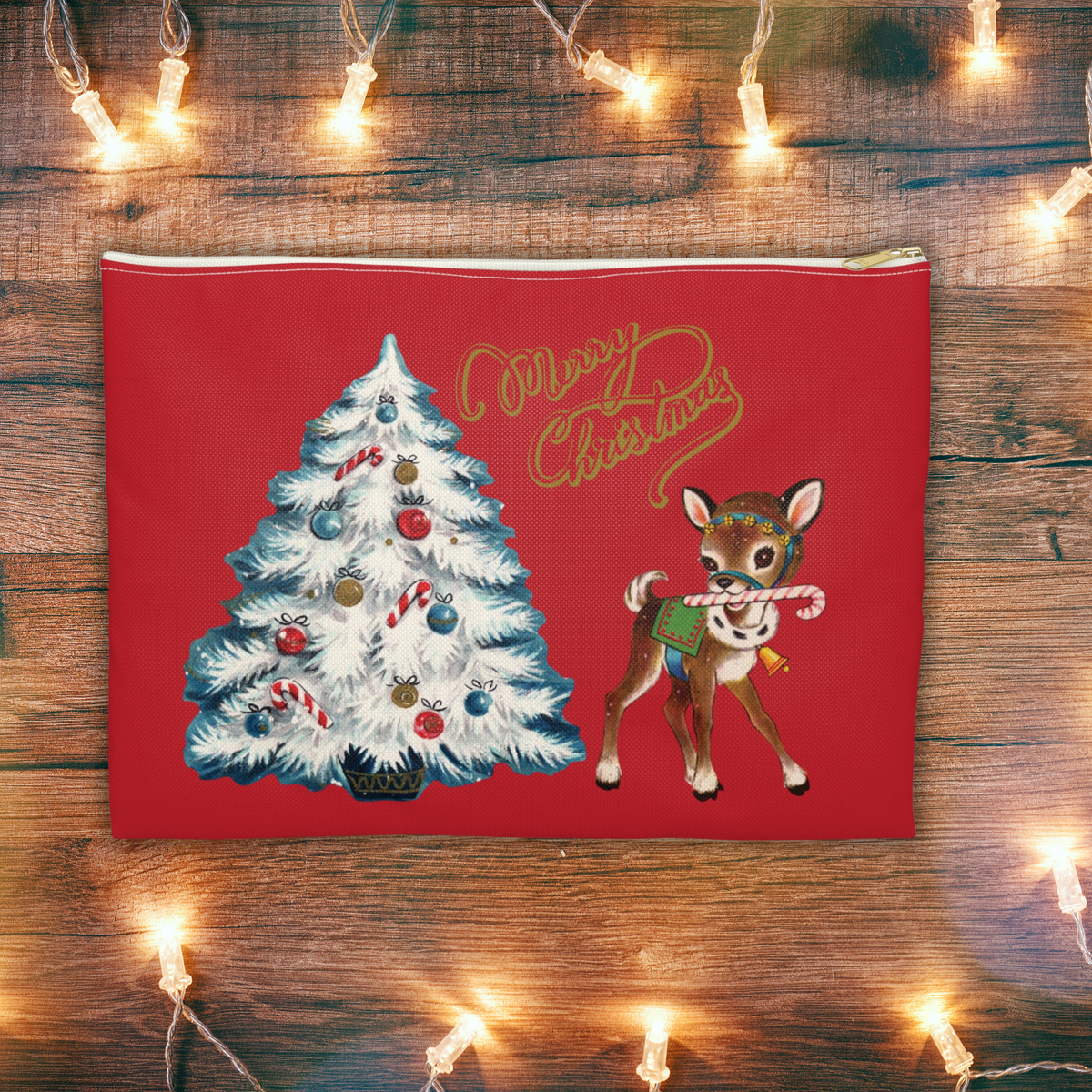 Merry Christmas Reindeer Tree Red Retro Christmas Print Polyester Accessory Pouch Travel Bag