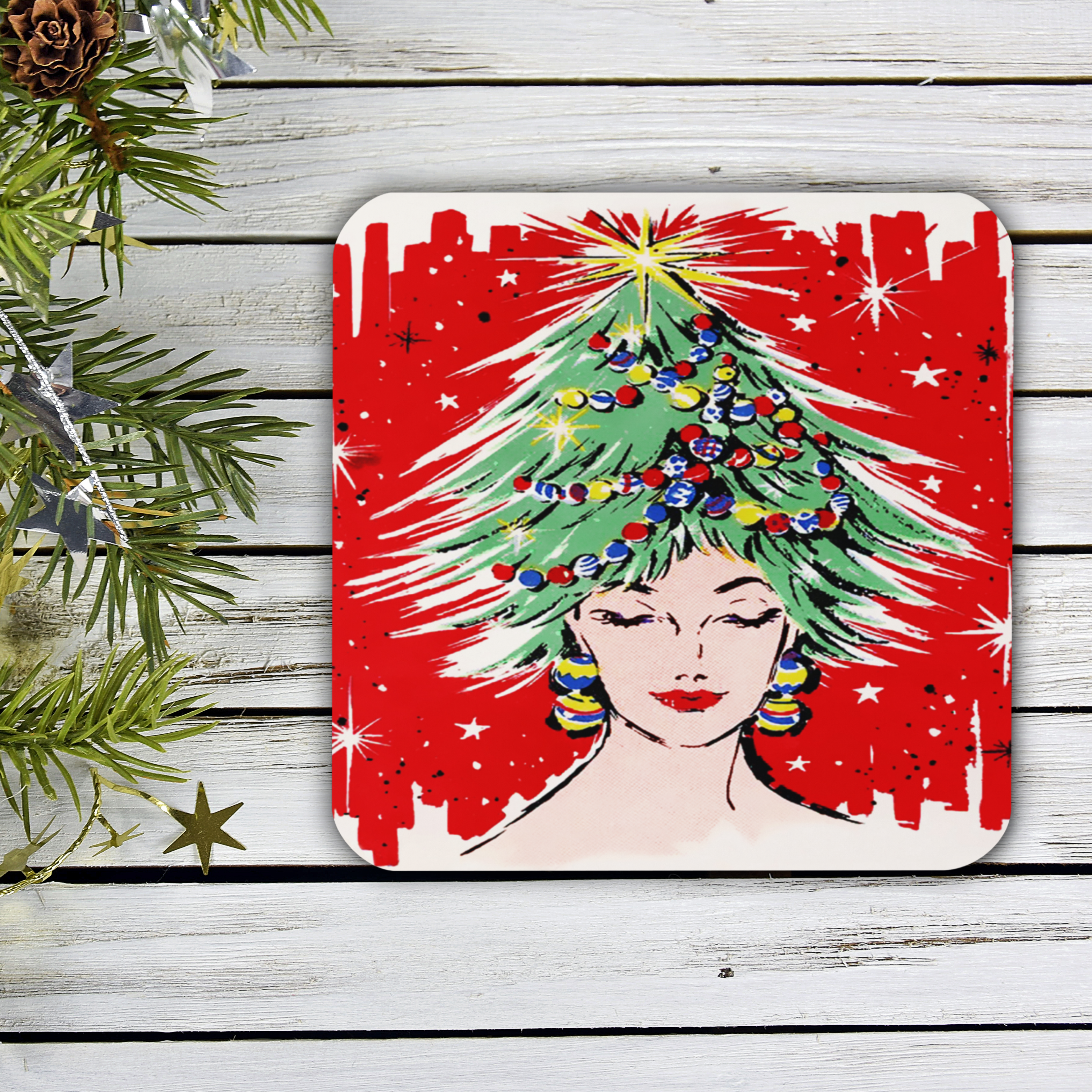 Christmas Tree Hat Lady Midcentury Retro Cork-back Coaster