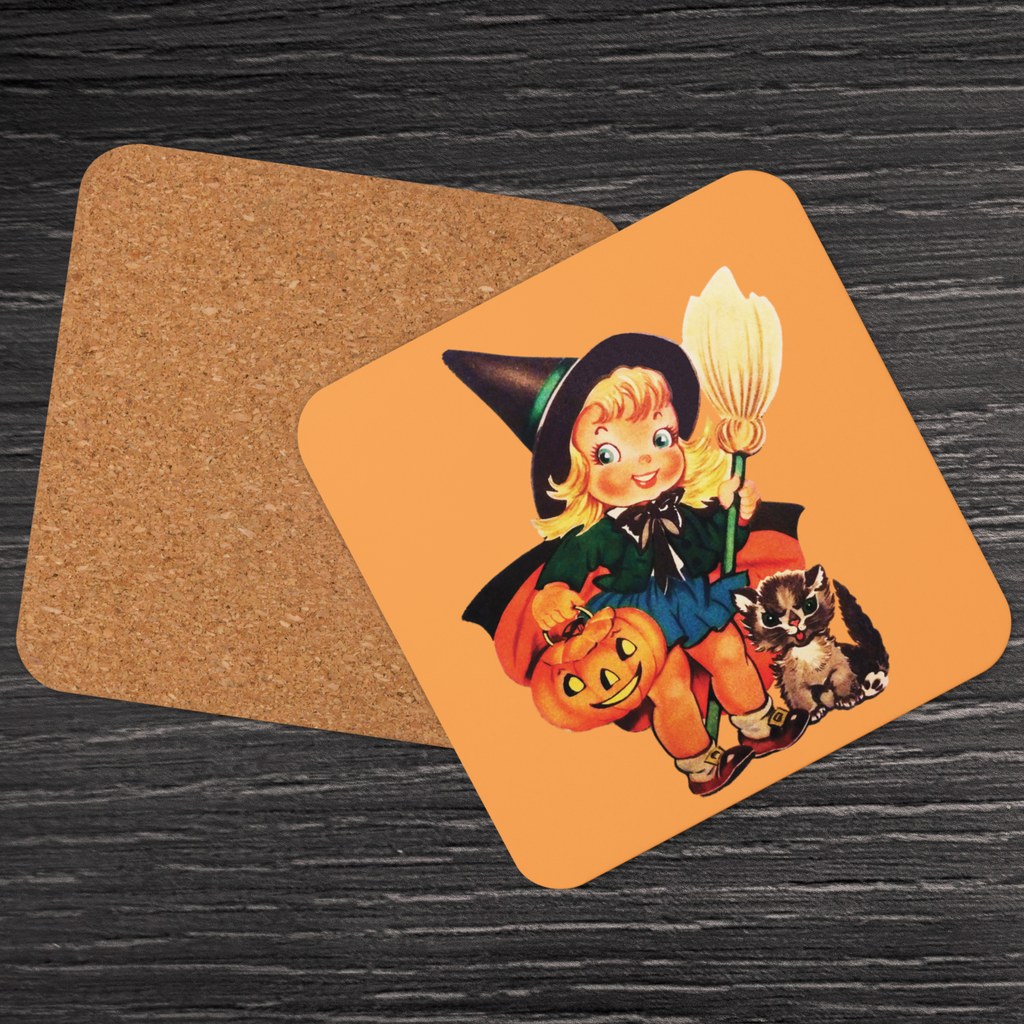Little Witch With Cat And Broom Retro Halloween Cork-back Coaster