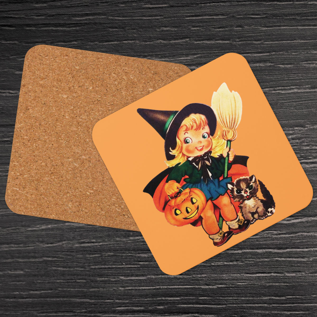 Little Witch With Cat And Broom Retro Halloween Cork-back Coaster