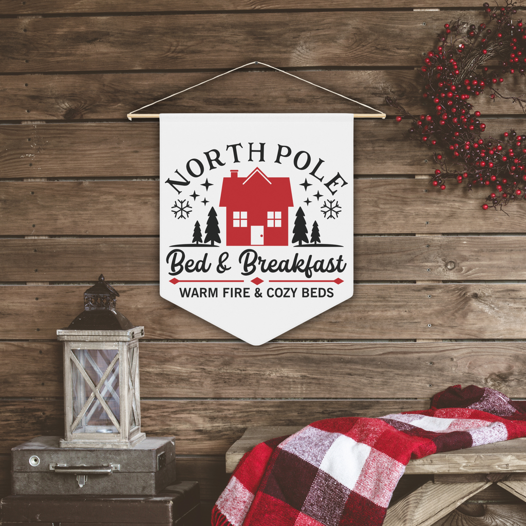North Pole Bed And Breakfast Warm Fire And Cozy Beds Christmas Wall Hanging Banner Flag